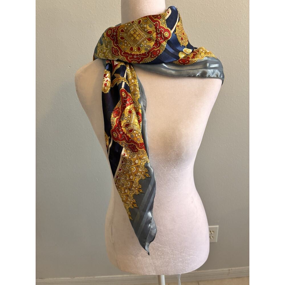 VTG Lucky 100% Silk Scarf Large Baroque Medallion Blue Gold Satin Stripe Border - Picture 16 of 16